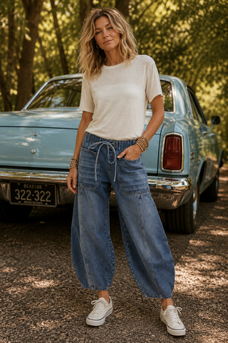 Dark Wash Mid Rise Drawstring Barrel Jeans