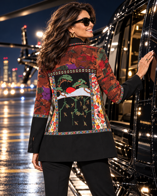 Mixed Media Embroidered Statement Jacket with Detachable Belt