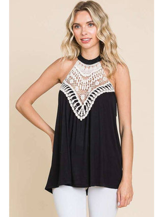 Sleeveless Halter Style Top with Embroidered Lace Trim