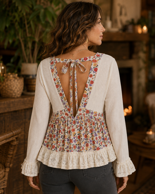 Floral Lace Patch Babydoll Top – Open Back Ribbed Blouse