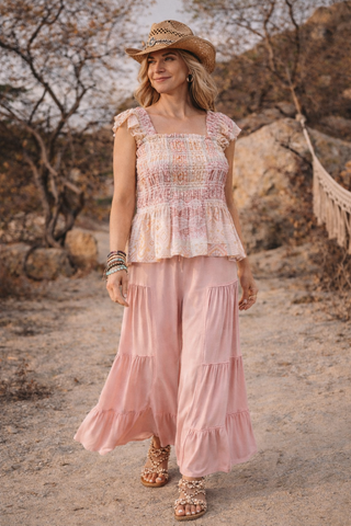 Mineral Wash Tiered Wide-Leg Pants – Lightweight Boho Drawstring Lounge Pants for Women