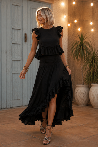 Moonlit Romance Set - Ruffle Trim Top & Side Slit Midi Skirt