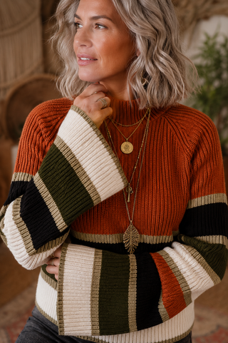 City Limits Ribbed Knit – Striped Mock Neck Sweater with Flared Cuffs