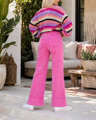 Mid-Rise Pintuck Wide Leg Jeans with Extended Cuff
