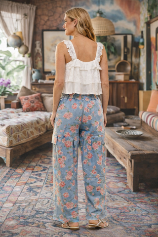 Rose Print Smocked Wide Leg Denim Pant - Casual Pleated Cargo Boho Jeans