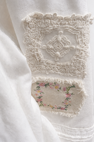 Vintage Wash Denim Tiered Patchwork Hoodie Jacket with Embroidery Detail