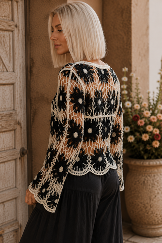 Floral Crochet Knit Top – Long Sleeve Sweater with Scalloped Edge Detail