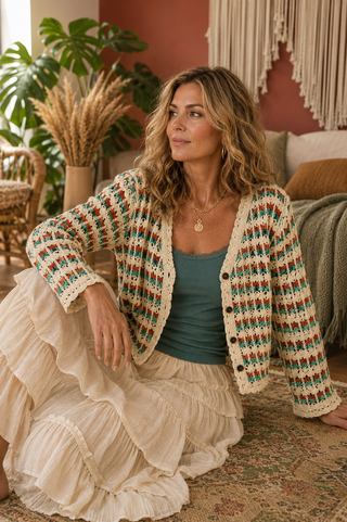 Scalloped Crochet Cardigan – V-Neck Button-Front Sweater with Long Sleeves