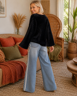 Midnight Mischief Sweater – Eyelash Knit Bell Sleeve Pullover with Strappy Neckline