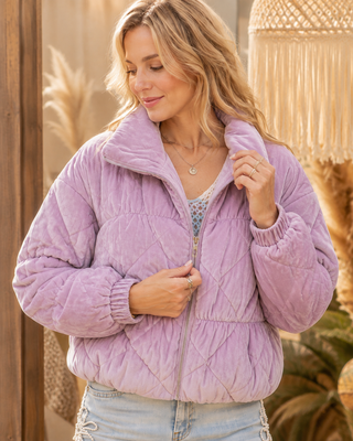 Diamond Quilted Velour Puffer Jacket - Lavender