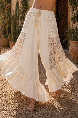 Floral Patchwork Ruffle Pant – Flowy Boho Pants with Asymmetrical Hem
