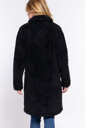 Longline Button Up Faux Fur Coat with Patch Pockets