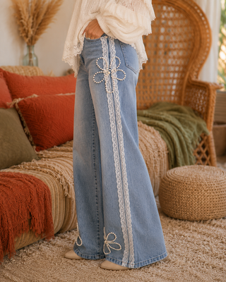 Pearl Embellished Wide Leg Jeans with Lace Trims
