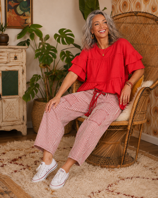 Striped Twill Barrel Leg Pant with Cargo Pockets