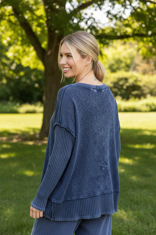 Mineral Wash Patchwork V-Neck Top