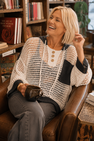 Colorblock Crochet Hoodie – Open Knit Pullover with Relaxed Fit