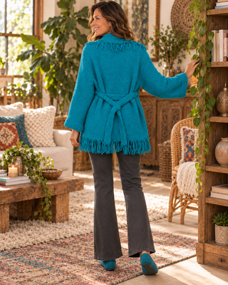 Open Sweater Cardi with Fringe Collar & Waist Tie