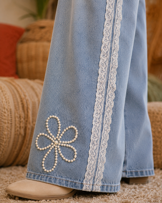 Pearl Embellished Wide Leg Jeans with Lace Trims