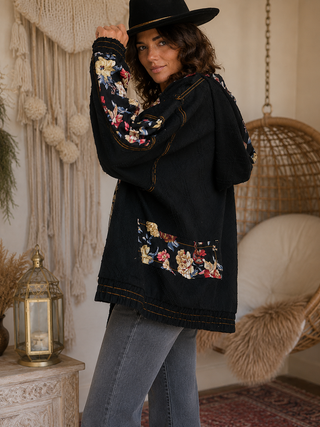 Vintage Wash Denim Floral Patchwork Jacket - Oversized Zip-Up Hoodie