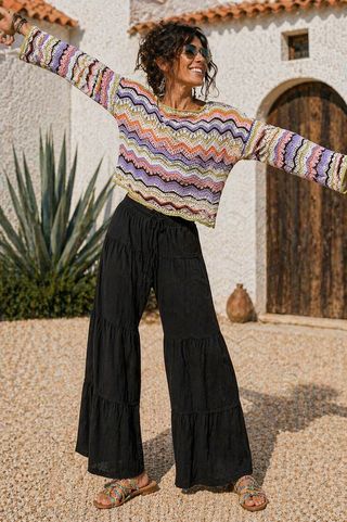 Crochet Stripe Scalloped Long Sleeve Top – Lightweight Boho Knit with Relaxed Fit