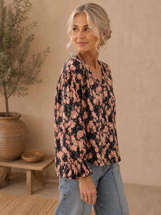 Corduroy Floral V-Neck Button Front Blouse – Romantic Balloon Sleeve Top with Ruffle Cuffs