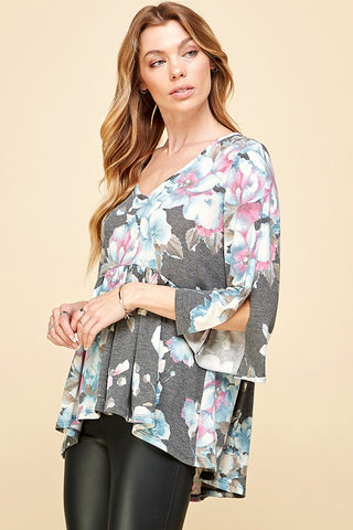 Ruffled Floral Empire Waist Top with Slit 3/4 Sleeves