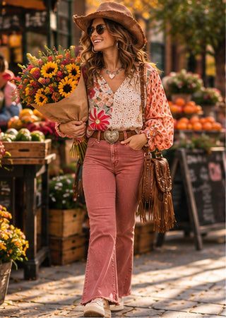 Long Sleeve Pattern Interrupt Peasant Top