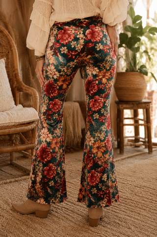 Floral Velvet Flares - Multicolour Pull-On Statement Pants