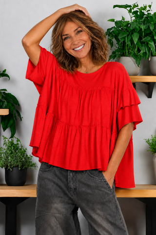 Ruffle Tiered Cotton Crew Neck Tee