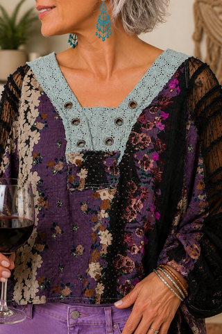 Floral Lace Sleeve Blouse – V-Neck Top with Grommets & Sheer Contrast Detail
