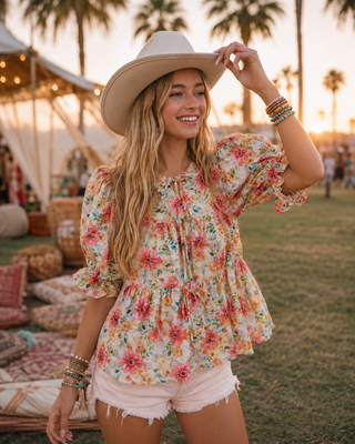 Floral Peplum Blouse – Puff Sleeve Top with Tie Neck
