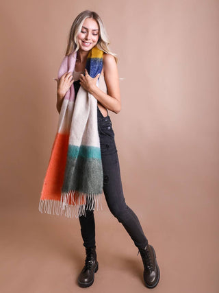 Ultra Soft Faux Mohair Colorblock Scarf with Tassels