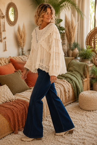 Eyelet Lace Ruffle Top – Romantic Knit Blouse with Raw Edge Details