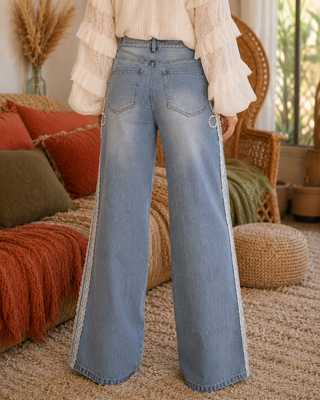 Pearl Embellished Wide Leg Jeans with Lace Trims