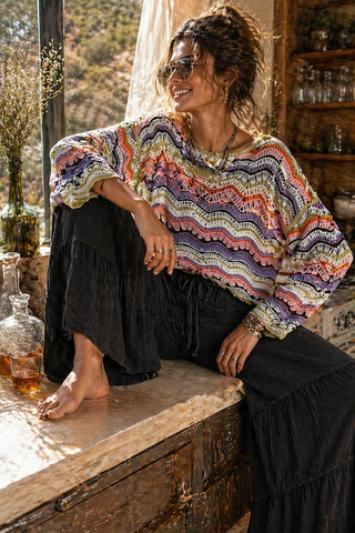 Crochet Stripe Scalloped Long Sleeve Top – Lightweight Boho Knit with Relaxed Fit