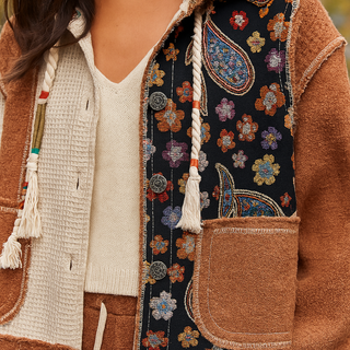 Button Up Patchwork Hoodie Top