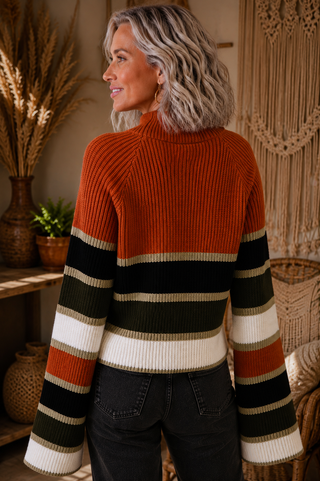 City Limits Ribbed Knit – Striped Mock Neck Sweater with Flared Cuffs