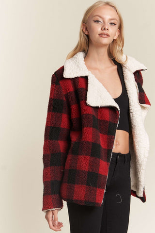 Cozy Gingham Sherpa Lined Zip Up Moto