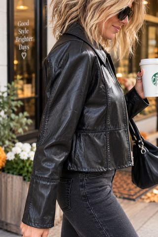 Butter Soft Vegan Leather Semi-Crop Panel Stitch Jacket