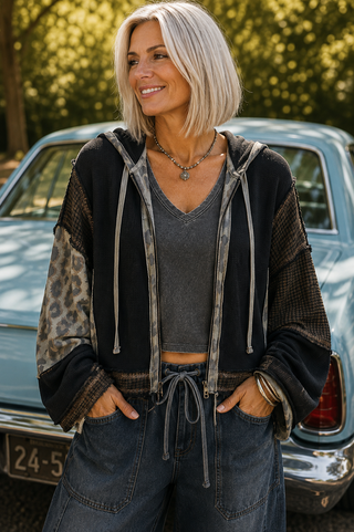 Patchwork Thermal Oversized Hoodie – Balloon Sleeve Pullover with Mixed Print Details