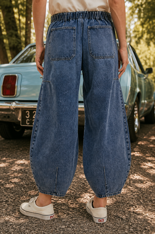 Dark Wash Mid Rise Drawstring Barrel Jeans