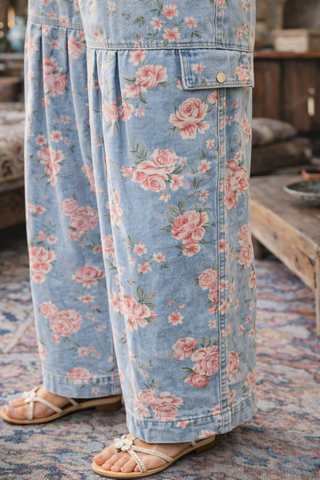 Rose Print Smocked Wide Leg Denim Pant - Casual Pleated Cargo Boho Jeans
