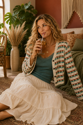Scalloped Crochet Cardigan – V-Neck Button-Front Sweater with Long Sleeves
