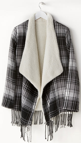 Plaid + Sherpa Waterfall Wrap with Fringe