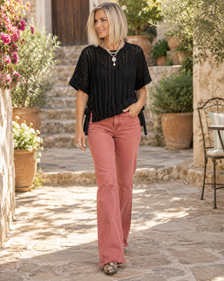 Short Sleeve Chunky Crochet Top with Side Ties - Black