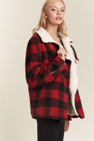 Cozy Gingham Sherpa Lined Zip Up Moto