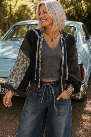 Patchwork Thermal Oversized Hoodie – Balloon Sleeve Pullover with Mixed Print Details