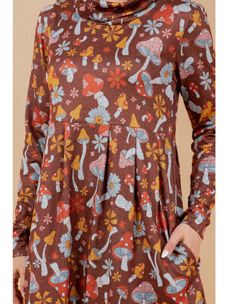 Brushed Hacci Hippy Mushroom Print Tunic Dress