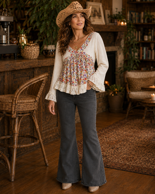 Floral Lace Patch Babydoll Top – Open Back Ribbed Blouse