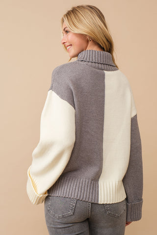 Color Block Cowl Neck Knit Sweater